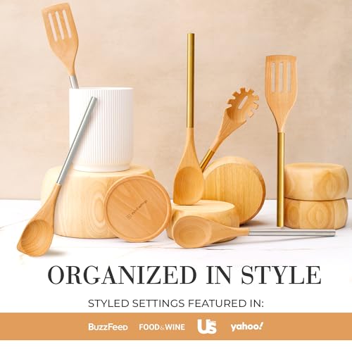 White Ceramic Utensil Holder with Built-In Wooden Spoon - view 6