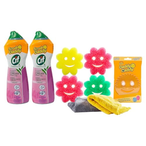 Cleaning Supplies Kit - Cif Floral Bundle - Includes Scrub Mommy Dish Sponges, Microfiber Towels, Kitchen Sink Caddy & Cif Cream All Purpose Cleaner, Pink Lilly (9 Count)
