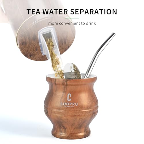 Yerba Mate Cup - Mate Gourd Set Includes Double Walled Stainless Steel Tea Cup, Tea Shaper set, Bombilla Straws, Cleaning Brush (Wood Grain) - view 4