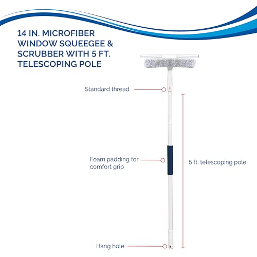 12” Outdoor Window Scrubber and Squeegee Kit with 5’ Telescopic Pole for High Access, Cleaning Supplies for Mirrors and Glass Surfaces, Machine Washable Sleeve - view 3