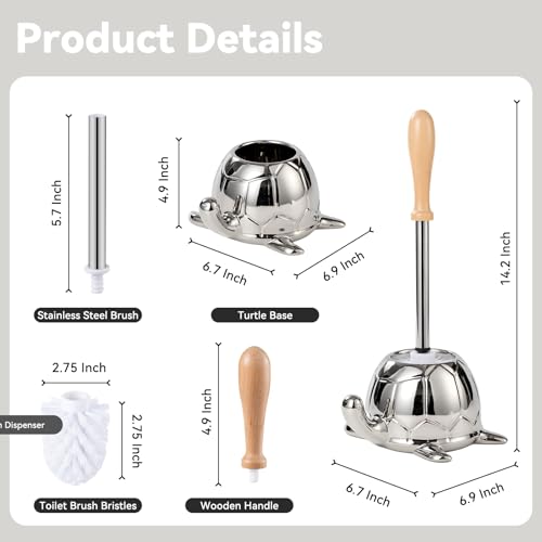 Toilet Brush and Holder Set, Ceramic Turtle Base Toilet Brush Set - 7.5” Bowl Cleaner, Toilet Scrubber Brush with Ergonomic Handle (Silver) - view 2