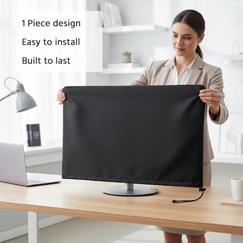 Monitor Dust Cover Heavy Duty Anti-tear Full Body Protective Case Universal for Computer LED LCD Screen Wih Adjustable Bottom Tight Rope Black -31W x20H in - view 3