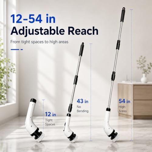 Electric Spin Scrubber for Bathroom, IPX7 Waterproof Shower Scrubber with Extendable Long Handle, Bathroom Cleaning Scrubber with 7 Reusable Brush Heads (White) - view 5