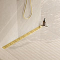 36-Inch Brushed Brass Linear Shower Drain with Brick Pattern Grate