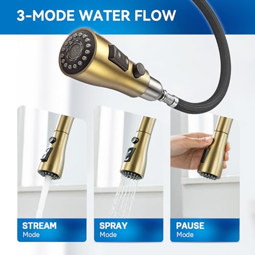 Brushed Gold Kitchen Faucet with Pull Down Sprayer, 3-Mode Sprayer - view 4