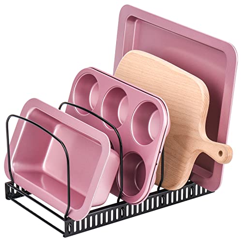 10+ Bakeware Organizer Rack for Kitchen Bakeware, Cookware, Dinnerware, Cutting Boards, Plates, Pot and Pan Lids (Black)