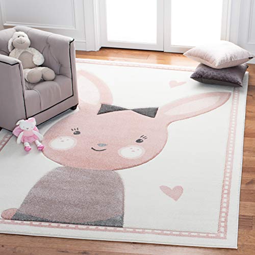 Area Rug 8x10 - Carousel Kids Collection - Large - Ivory & Pink, Bunny Design, Non-Shedding & Easy Cleaning, Ideal for Boys & Girls in Playroom, Nursery, Bedroom (CRK166A)