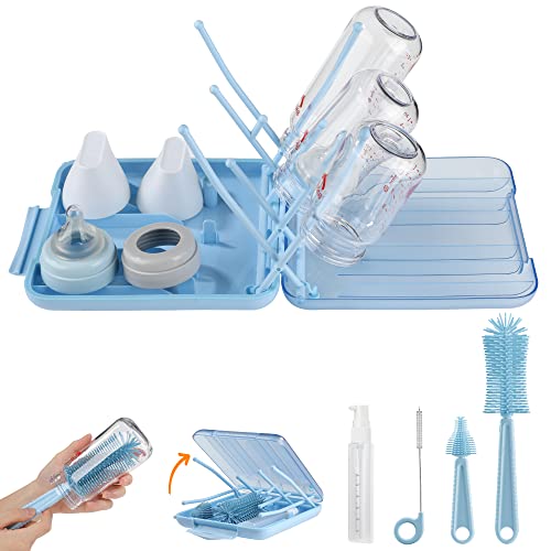 Bottle Brush Set -Baby Travel Essential-6 in 1 Bottle Cleaner Kit with Silicone Bottle Brush,Nipple Cleaner Brush,Straw Brush,Soap Dispenser,Storage Box,Bottle Drying Rack for Home and Travel(Blue)