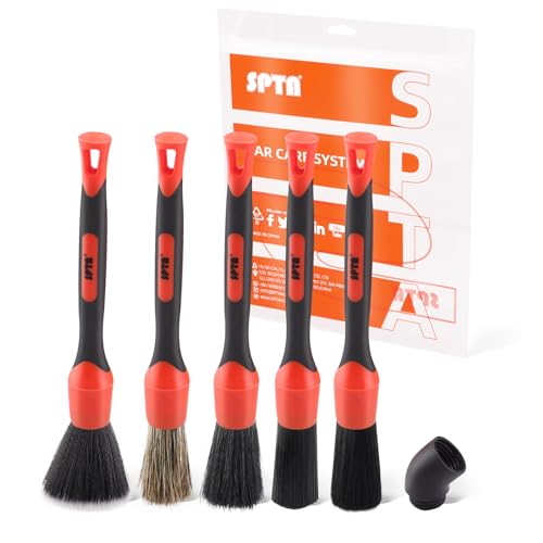 Car Detailing Brush Set, 5 Pack Soft Boar Hair Auto Detail Brush Kit with Elbow for Automotive Elegant Surface Interior Exterior Dashboard Emblems Panels Engine Bay Wheels Air Vent Seat Leather