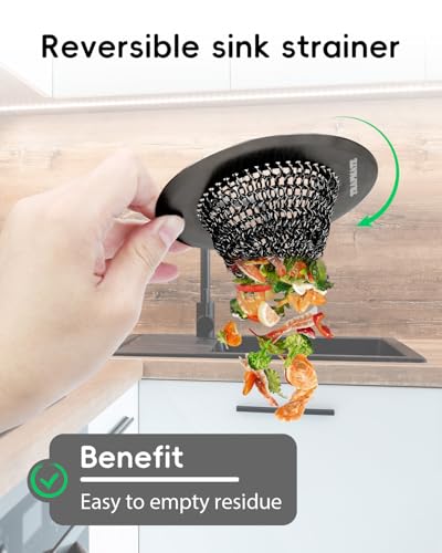 Sink Drain Strainer, Reversible Chain Mesh Kitchen Sink Drain Strainer, Easy Clean 304 Stainless Steel Sink Strainer for Food Catcher Garbage Disposal, Black - view 2