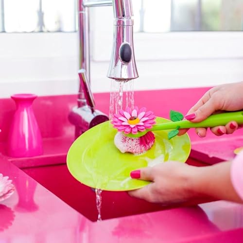 Flower Power Dish Brush with Handle and Vase Holder - Pink - view 5
