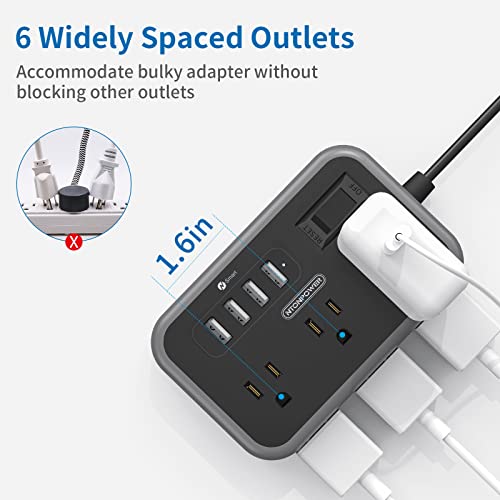 Flat Plug Extension Cord 10 Ft, 6 Widely Spaced Outlet(2 Side) Power Strip with 4 USB Ports, Overload Protection, Wall Mount Charging Station for Home Office, Nightstand and dorm room, Black - view 3