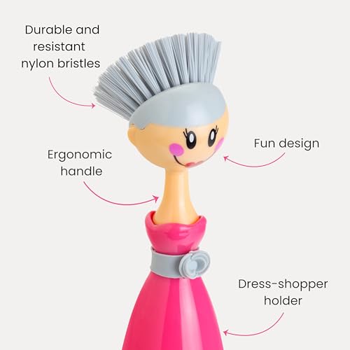 Dolls Dish Brush with Handle and Holder - Dish Scrubber Brush for Dishes and Pans, Kitchen Scrub Brush, Dishwashing Brush for Kitchen Sink Cleaning, Cute Standing Dish Brush Design - Pink, Gray - view 4