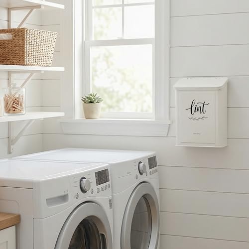 Magnetic Lint Bin for Laundry Room with Lint Brush, Wall Mounted Lint Holder Trash can with lid for Dryer, Modern Farmhouse Rustic Metal Laundry Room Storage Organization and Decor(White) - view 5