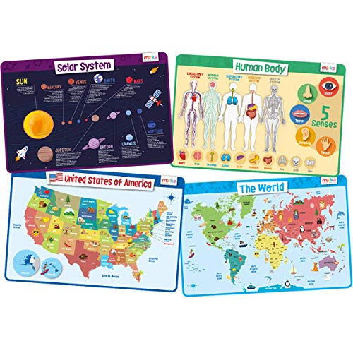 Kids Educational Placemat Set 4-Pack - 17 x 11 in Multicolor Silicone - Washable & Reusable with Secure Grip Backing - Map Placemats for Kids, Solar System, Human Body, World & US Map