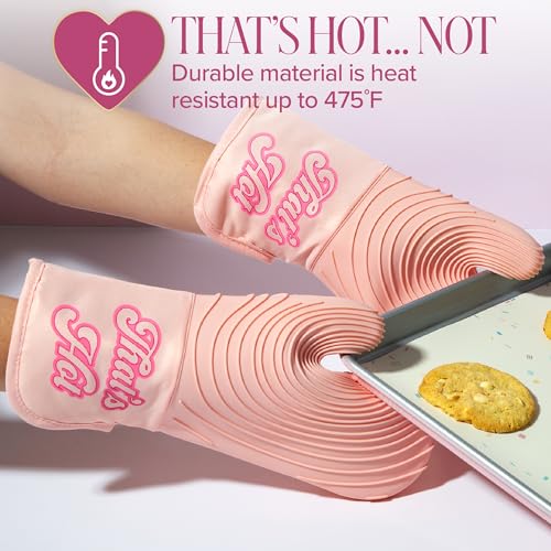 Oven Mitt Set with Iconic That's HOT Design, Heat Resistant Pot Holders Featuring Non-Slip Textured Silicone Grips, 2-Piece Set, Pink - view 3