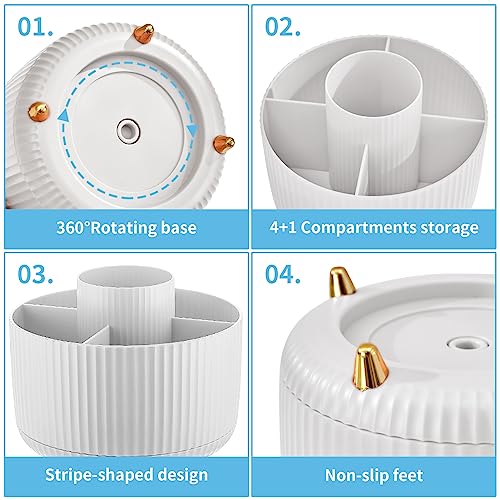 Desk Organizer, 360-Degree Rotating Pen Holder, Desk Organizers and Accessories with 5 Compartments Pencil Holder, Art Supply Storage Box Caddy for Office, Home（White） - view 4