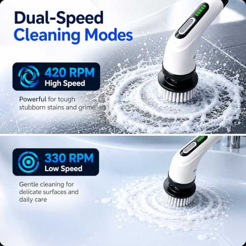 Electric Spin Scrubber for Bathroom, IPX7 Waterproof Shower Scrubber with Extendable Long Handle, Bathroom Cleaning Scrubber with 7 Reusable Brush Heads (White) - view 3