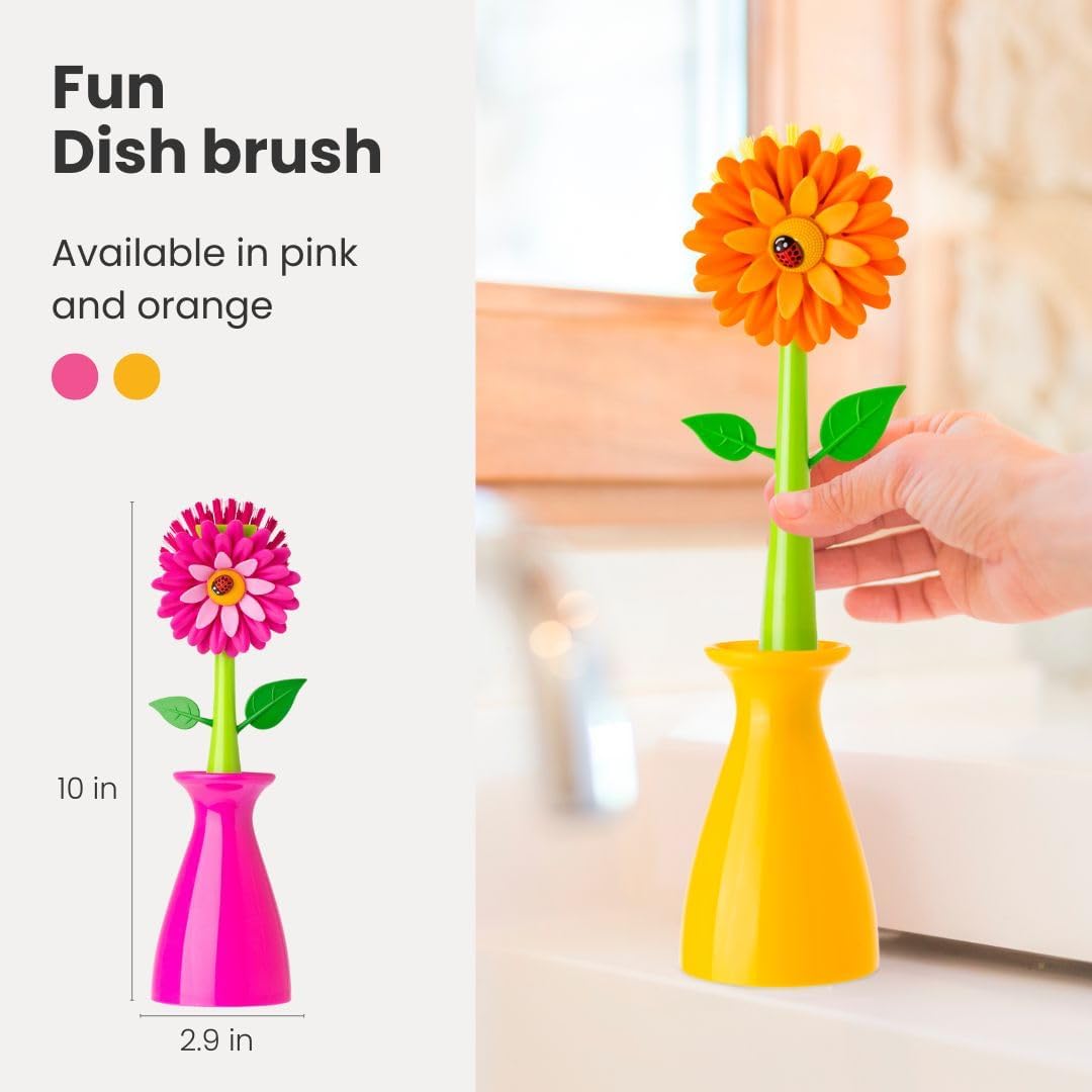 Flower Power Dish Brush with Handle and Vase Holder - Orange | Dish Scrub Brush for Dishes, Kitchen Scrub Brush, Sink Cleaning Brush, Pot Scrubber, Dishwashing Brush - view 3