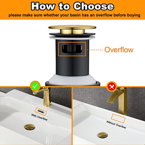 Bathroom Sink Stopper with Overflow, Sink Drain Brushed Gold - view 4