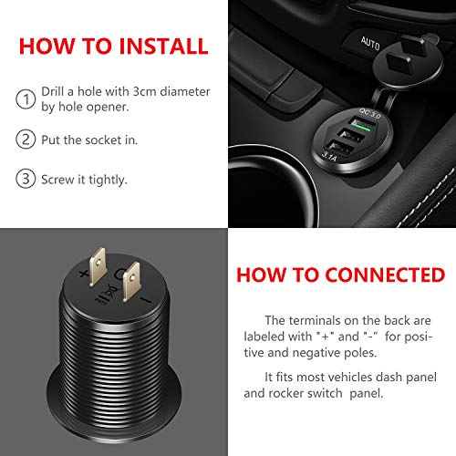 Quick Charge 3.0 Car Charger, 2-Pack 12V/24V 35W QC3.0/2.0 USB Charger Socket, 3 USB Power Outlet Fast Charge With Wire Fuse Aluminum for Car Boat Marine ATV Bus Truck Golf Cart and More - view 5