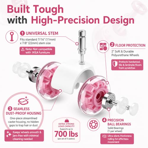 Pink Office Chair Wheels with Seamless One-Piece Nylon Cover, 2 Inch Rubber Gaming Wheels Replacement, Smooth Rolling for Hardwood Carpet Tile Floors, 11 * 22mm Universal fit - view 4
