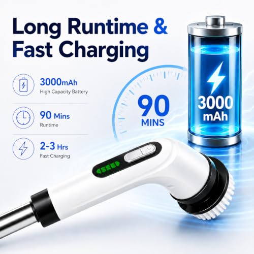 Electric Spin Scrubber for Bathroom, IPX7 Waterproof Shower Scrubber with Extendable Long Handle, Bathroom Cleaning Scrubber with 7 Reusable Brush Heads (White) - view 6