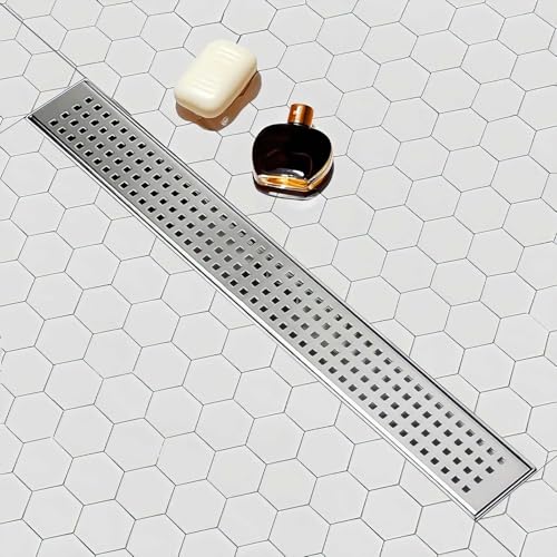 24 inch Linear Shower Drain with Removable Square Hole Panel by Using Brushed 304 Stainless Steel Process, Linear Drain Equipped with Adjustable Feet and Hair Strainer