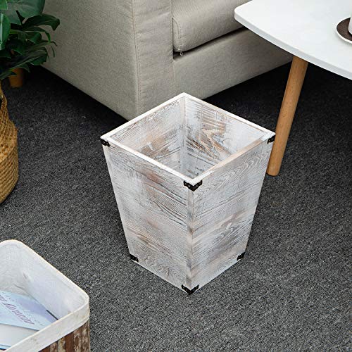 Rustic Whitewashed Torched Wood Square Waste Basket Recycle Bin Trash Can Decorative Metal Brackets Whitewashed Wooden Garbage Container Ash Holder Bedroom Living Room Home Office - view 5