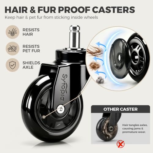 Office Chair Wheels Replacement 3 Inch, Heavy Duty PU Caster Wheels for Hardwood Floor & Carpet, Smooth Quiet Rolling, Hair-Proof, Universal 11mm Stem Fit Most Chairs, Not for 1KEA, Set of 5 (Black) - view 3