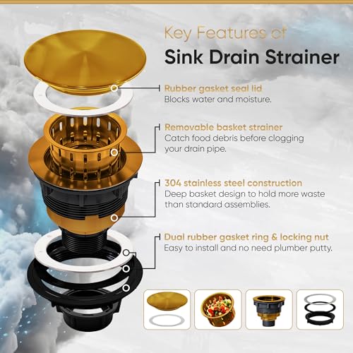 Strictly Sinks Sink Drain Strainer with Removable Basket - 3-1/2 Inch Stainless Steel Round Kitchen Sink Drain Assembly Kit with Deep Strainer Basket & Flat Cover Lid (Gold) - view 4