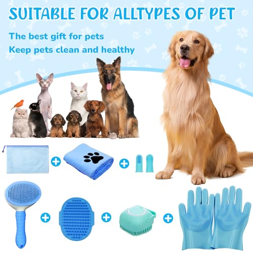 Dog Grooming Kit for Shedding – 8-Piece Pet Grooming Supplies with Deshedding Brush, Bath Gloves, Towels & Silicone Toothbrush | Ideal for Dogs, Cats, Small and Large Pets (Blue) - view 7