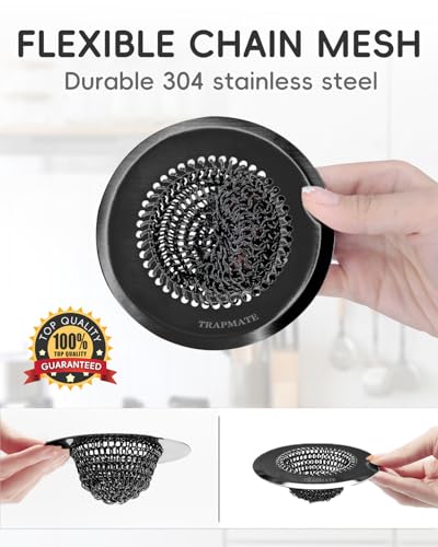 Sink Drain Strainer, Reversible Chain Mesh Kitchen Sink Drain Strainer, Easy Clean 304 Stainless Steel Sink Strainer for Food Catcher Garbage Disposal, Black - view 5