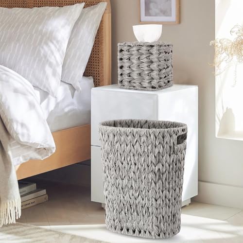 Wicker Trash Can and Square Tissue Box Cover, 4 Gallon Water Hyacinth Bathroom Trash Can, Handwoven Napkin Holder, Narrow Small Waste Basket, Rustic Decorative Home Set for Bedroom,Office (Grey) - view 6