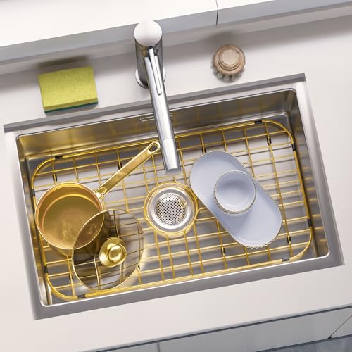 Kitchen Sink Grid Protector,Gold Sink Bottom Grate for Kitchen Sink with Strainer,26"L X 14"W Large Stainless Steel Sink Rack Protector with Center Drain Prevents Scratches,Corner Radius R:3-1/2" - view 4
