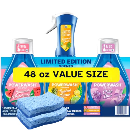 Dawnn Powerwash Dish Spray Bottle Set, Spring Variety Pack, 1 Spray Bottle + 2 Refills, 48 fl. oz, with Non-Scratch Scrubber Sponge (2 count)