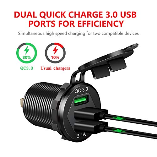 Quick Charge 3.0 Car Charger, 2-Pack 12V/24V 35W QC3.0/2.0 USB Charger Socket, 3 USB Power Outlet Fast Charge With Wire Fuse Aluminum for Car Boat Marine ATV Bus Truck Golf Cart and More - view 2