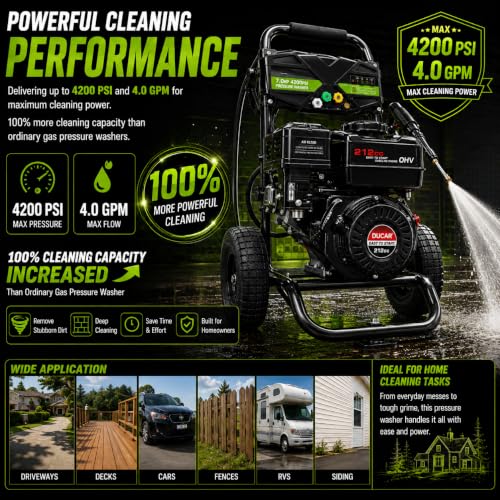 4200 PSI 4.0 GPM Gas Pressure Washer, 212cc Heavy Duty Power Washer, Commercial Gas Powered Pressure Washer for Driveways, Cars, Decks, Patios, Siding and Outdoor Cleaning - view 2