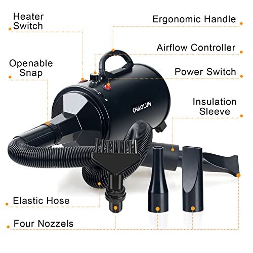 High Velocity Dog Grooming Dryer, Pet Blow Dryer with Heater, Black - view 2