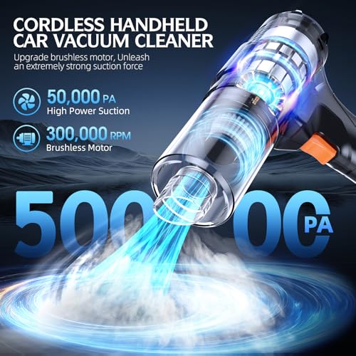 Car Vacuum Portable Cordless, 50000Pa Strong Suction Brushless Motor, Handheld Vacuum with 2 Batteries & Charger, 6-in-1 Rechargeable Vacuum Cleaners for Home, Pet Hair & Keyboard - Ink Black - view 2
