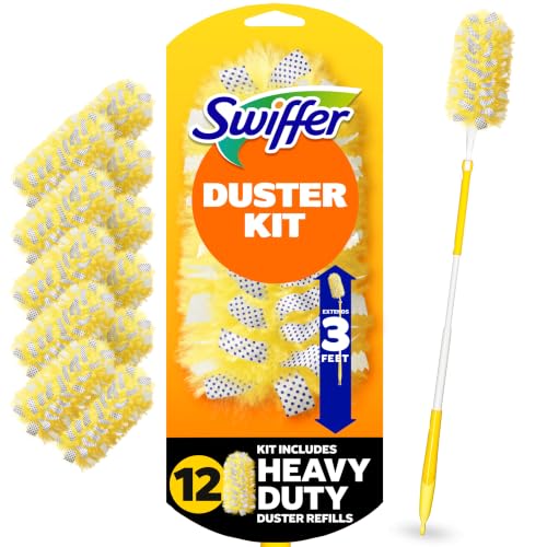 Duster Kit with 3 ft Extendable Handle, Dusters for Cleaning, Set Includes 1 Extension Pole and 12 Heavy Duty Dusting Refills Dust Cleaner, Long Extended Wand for Ceiling Fans and Walls