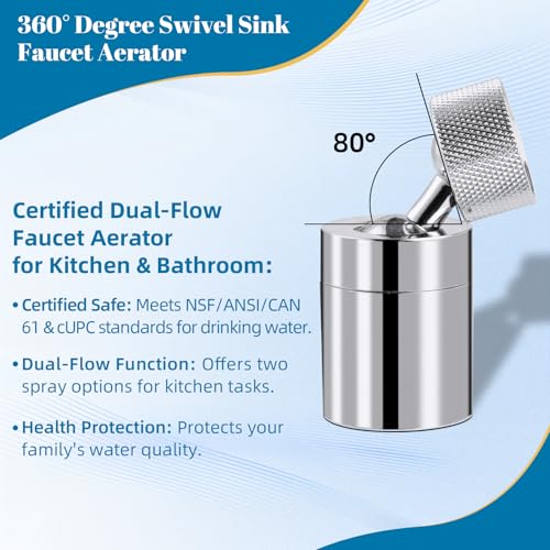 NSF/ANSI/CAN 61 Certified Dual-function Faucet Aerator, CUPC Certification Big Angle Rotate Kitchen Sink Aerator 360 Degree Swivel Sink Sprayer Attachment-55/64 Inch Female Thread-Chrome - view 5