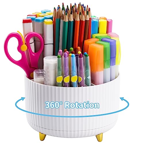 Desk Organizer, 360-Degree Rotating Pen Holder, Desk Organizers and Accessories with 5 Compartments Pencil Holder, Art Supply Storage Box Caddy for Office, Home（White）