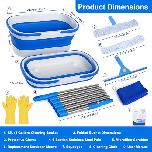 Window Cleaning Kit, Window Washing Kit with 3 Gallon Collapsible Bucket, 14-Inch Squeegee & 15-Inch Scrubber, 76-Inch Extendable Pole, Window Washing Equipment for Home & Commercial (76 inch) - view 2
