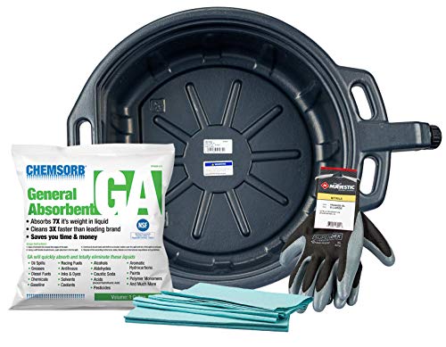 No-Mess Oil Change Kit, 4.25 Gallon Drain Pan with Anti-Splash Lid and Baffle, Nitrile Gloves, 1 lb Chemsorb Absorbent, 2 Shop Towels (SP30GA-OC1)