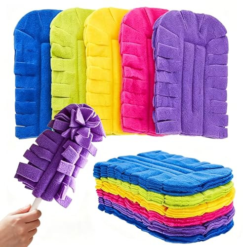 Reusable Duster Refills, 360° Thick Velvet Electrostatic Pads, Washable & Waterproof, 5-Pack (5 Colors), for Blinds, Furniture, Ceiling Fans, Car & Kitchen (Includes 1 Handle)