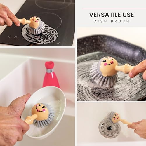 Dolls Dish Brush with Handle and Holder - Dish Scrubber Brush for Dishes and Pans, Kitchen Scrub Brush, Dishwashing Brush for Kitchen Sink Cleaning, Cute Standing Dish Brush Design - Pink, Gray - view 6