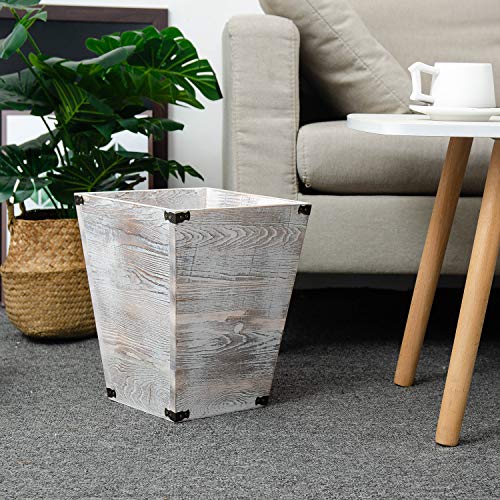 Rustic Whitewashed Torched Wood Square Waste Basket Recycle Bin Trash Can Decorative Metal Brackets Whitewashed Wooden Garbage Container Ash Holder Bedroom Living Room Home Office - view 2