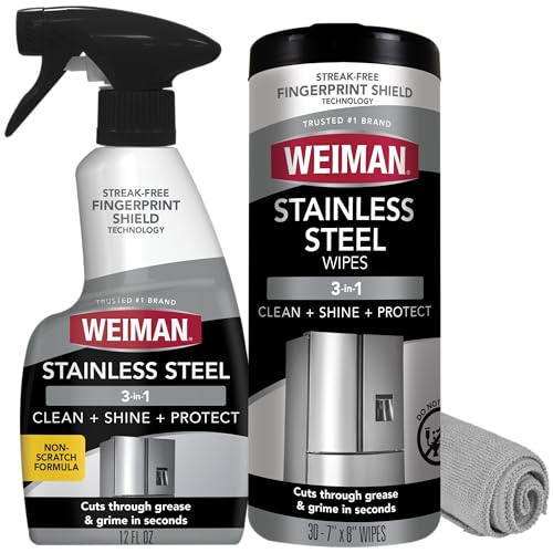 Stainless Steel Cleaner & Polish Kit, 3 Piece - Spray, Wipes & Cloth, Anti-Fingerprint, Removes Grease, Water Spots, Streaks & Residue, Polishing Cleaner Safe for Appliances, Sinks & Grills