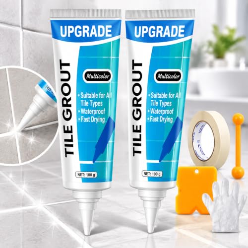 Tile Grout Repair Kit, 2 Pack Waterproof White Grout Sealer for Shower, Bathroom, Kitchen, Tile, Fast Drying Grout Filler Restores and Renews Floors, Gaps, Joints, Lines(100g Each)